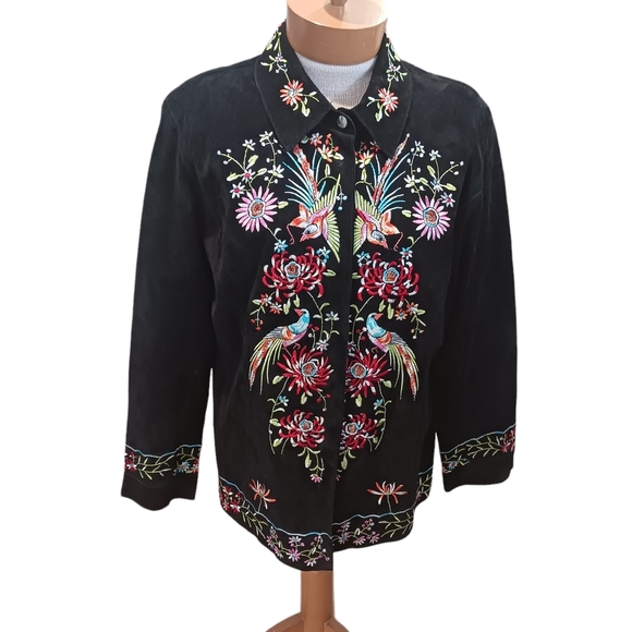 Vintage Size Large Avanti Womens Suede Jacket Leather Black Floral Embroidered - Picture 2 of 16